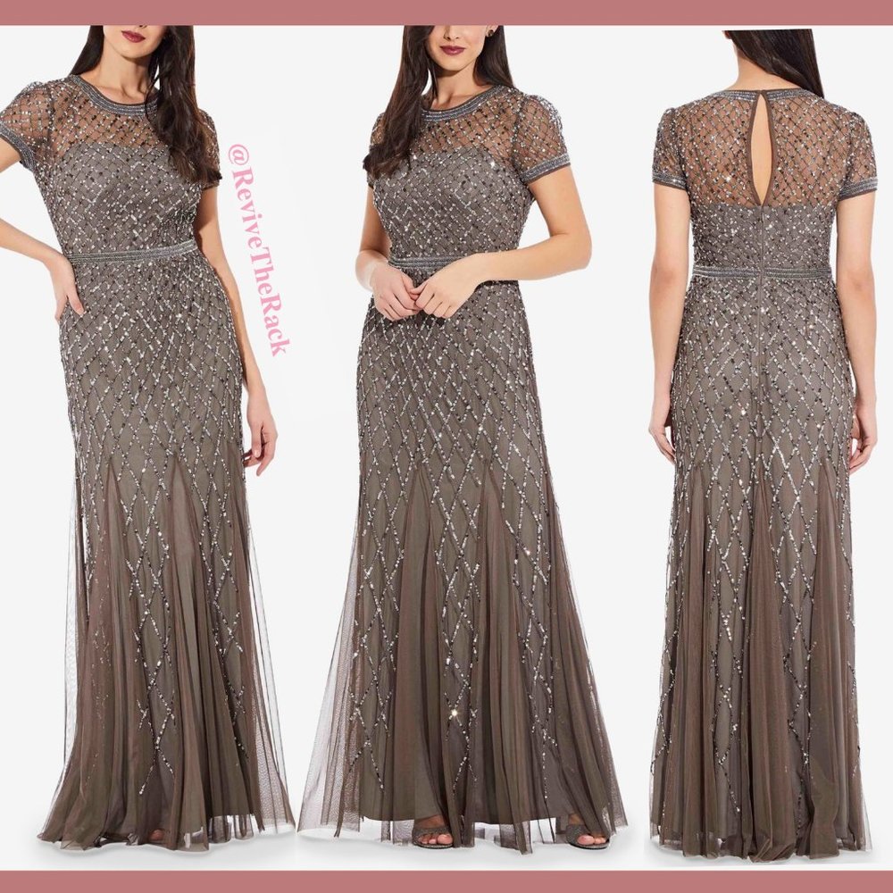 NEW $328 Adrianna‎ Papell Cap Sleeve Beaded Mesh Gown in Lead [Size 2 ] #M5